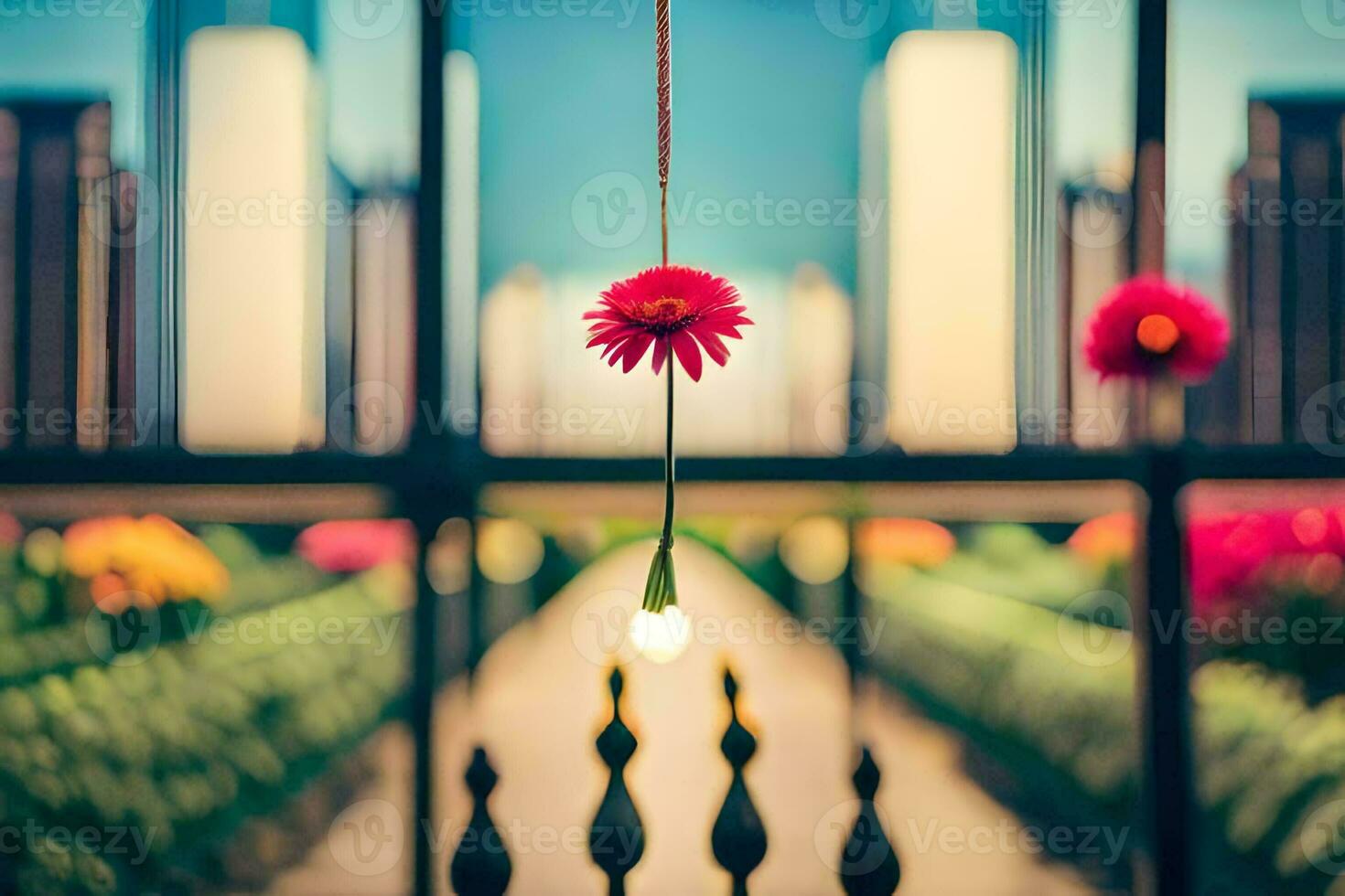 uma flor suspensão a partir de uma luz fixação dentro frente do uma prédio. gerado por IA foto