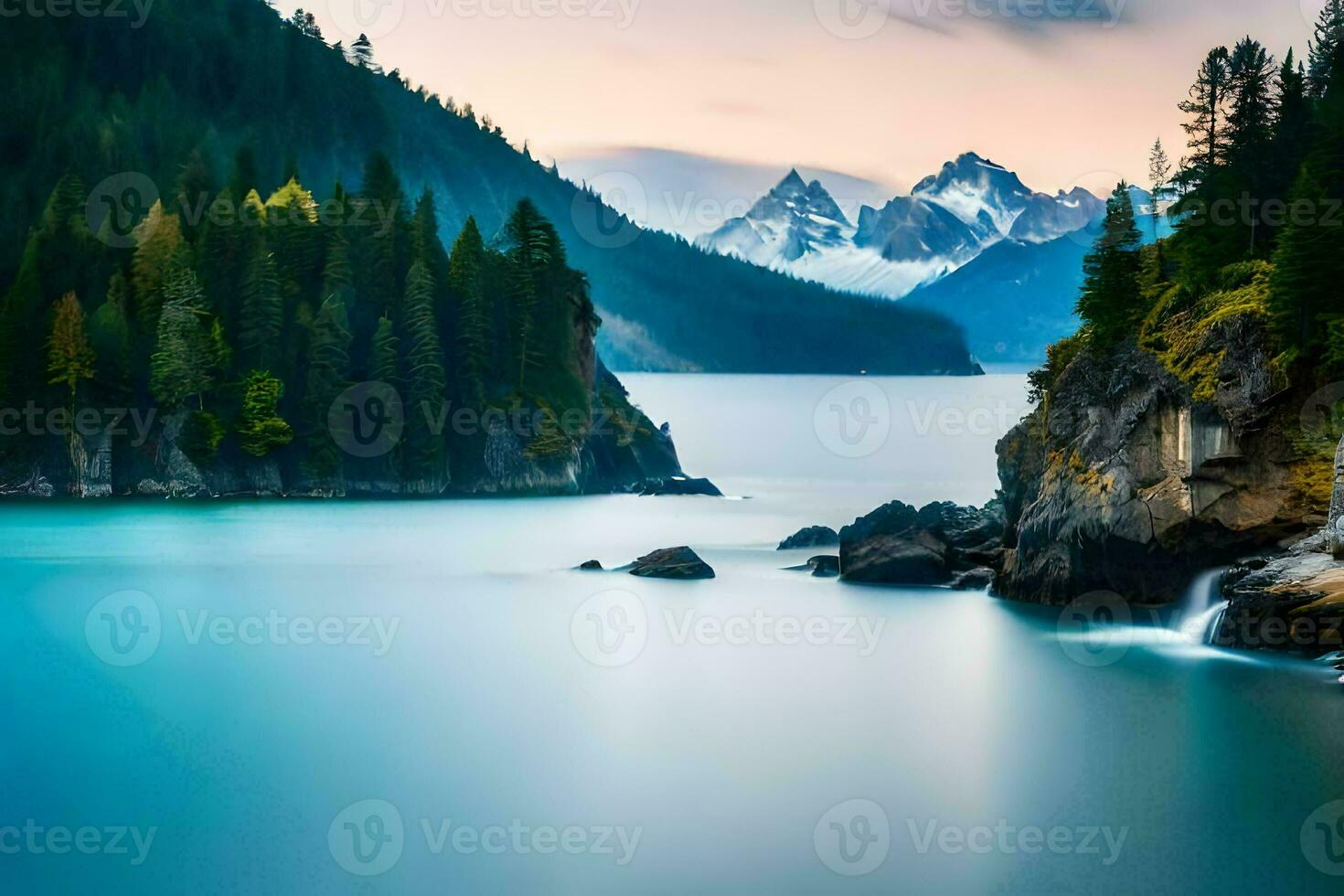 uma lindo montanha lago com árvores e pedras. gerado por IA foto