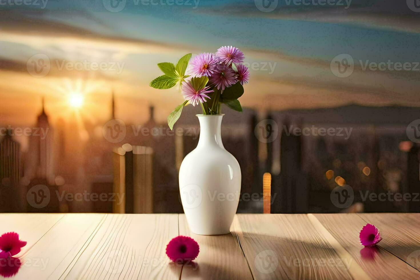 uma vaso com flores em uma mesa dentro frente do uma cidade Horizonte. gerado por IA foto