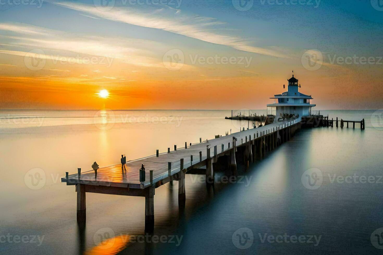 a Sol sobe sobre uma cais às a fim do uma doca. gerado por IA foto