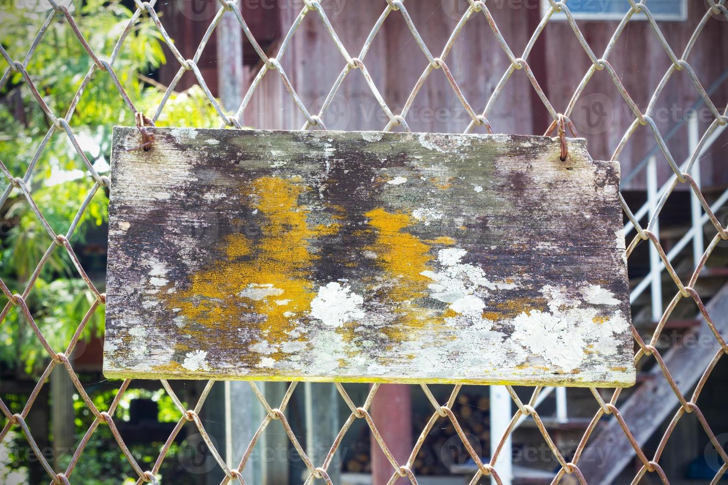 madeira velha com musgo e fungo pendurado na cerca de arame. foto