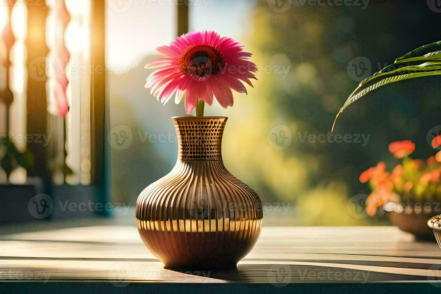 uma Rosa flor senta dentro uma vaso em uma mesa. gerado por IA foto