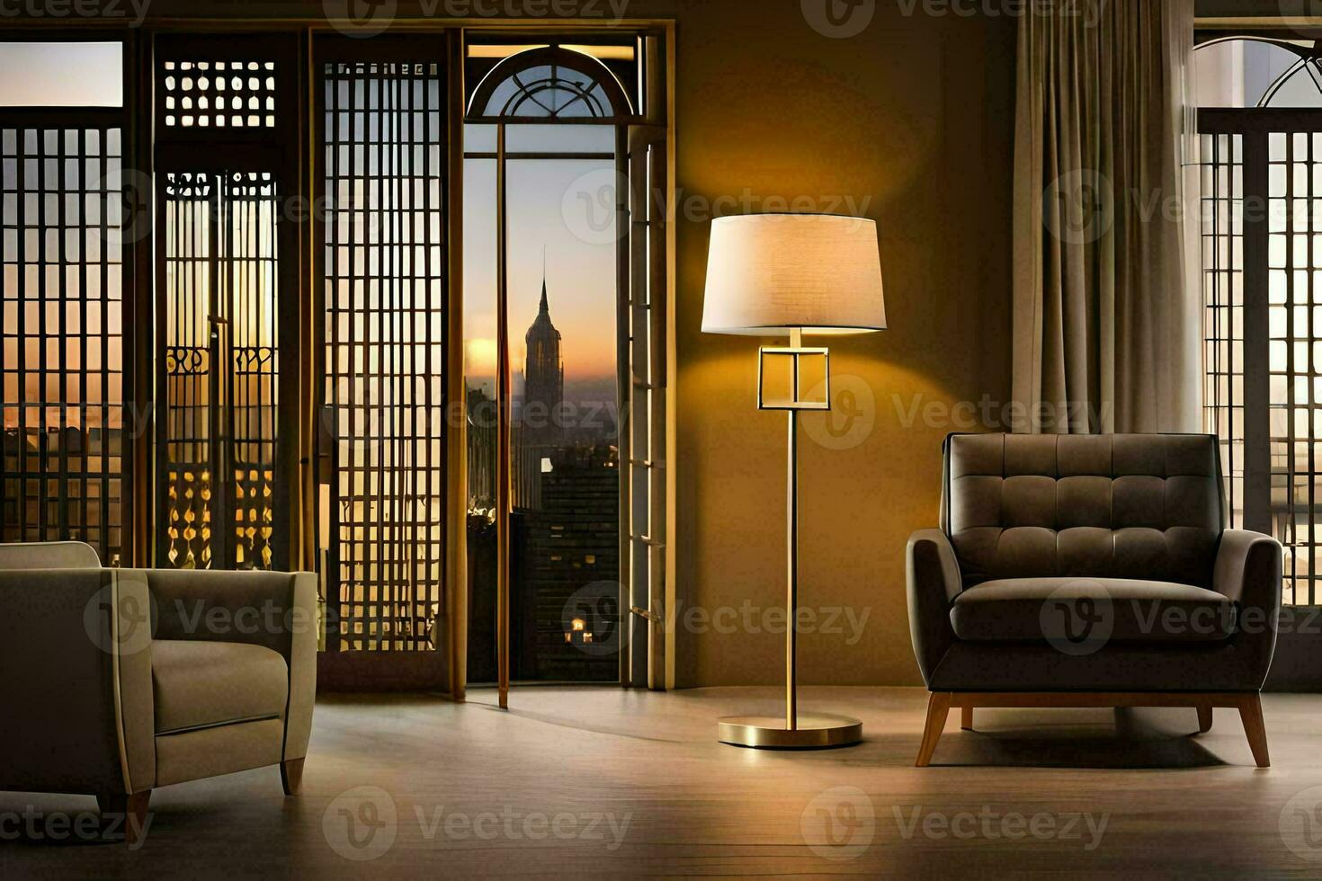 uma vivo quarto com uma Visão do a cidade às pôr do sol. gerado por IA foto