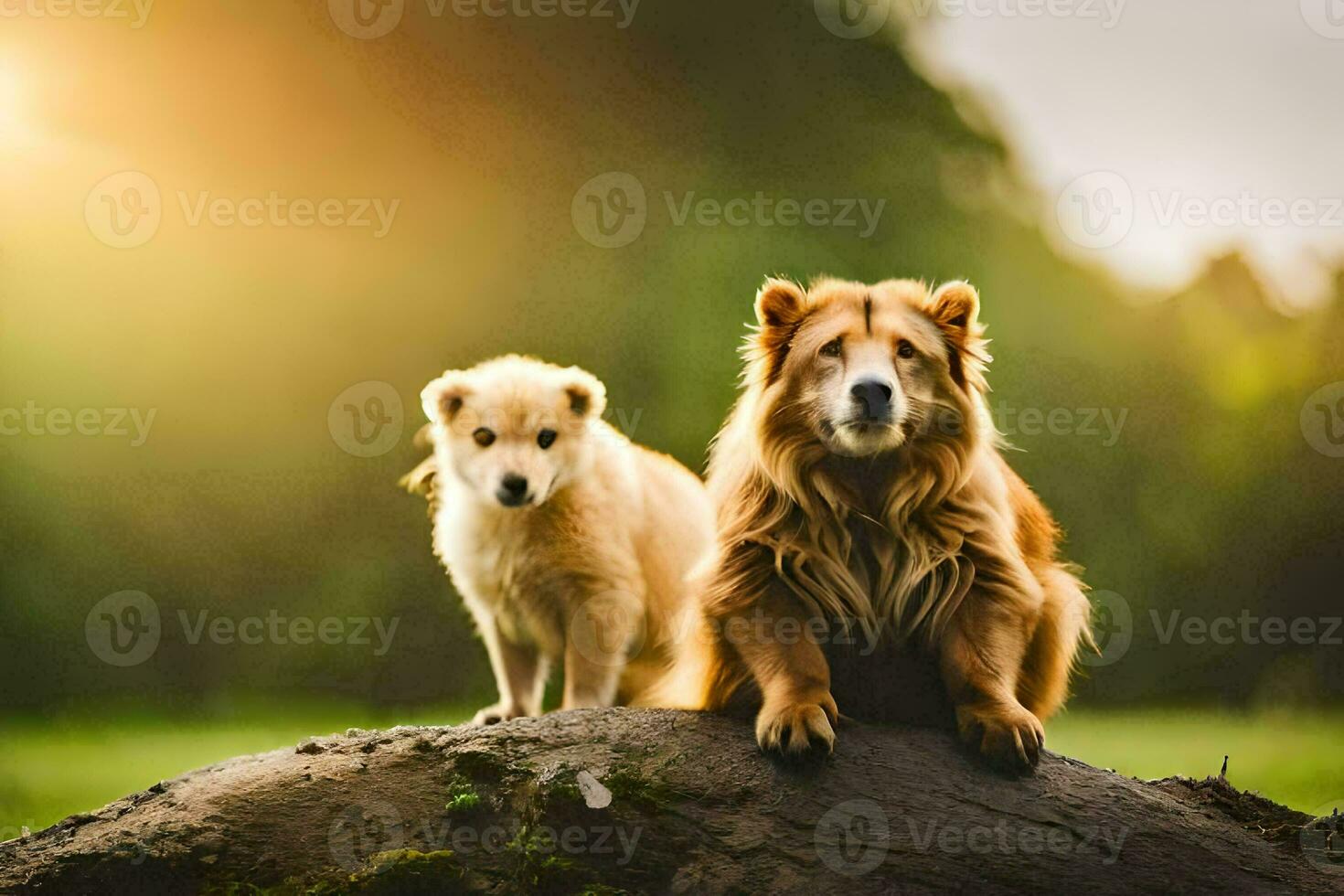 dois cachorros sentado em uma Rocha dentro a grama. gerado por IA foto