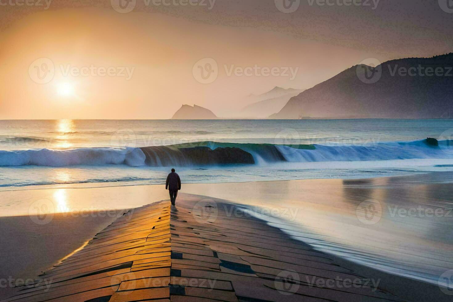 uma pessoa caminhando ao longo a de praia às pôr do sol. gerado por IA foto