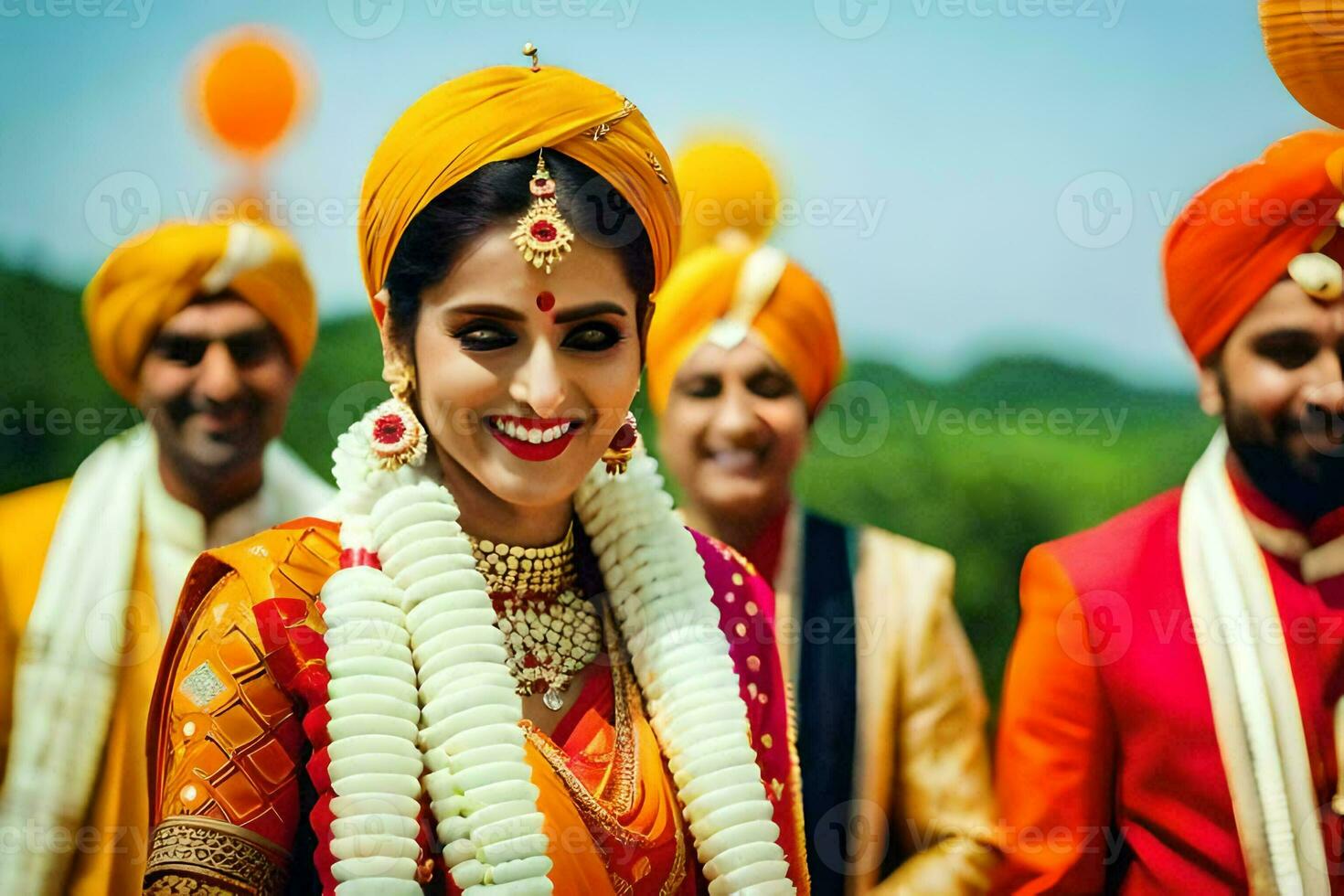 uma noiva dentro tradicional indiano vestuário com dela noivo. gerado por IA foto