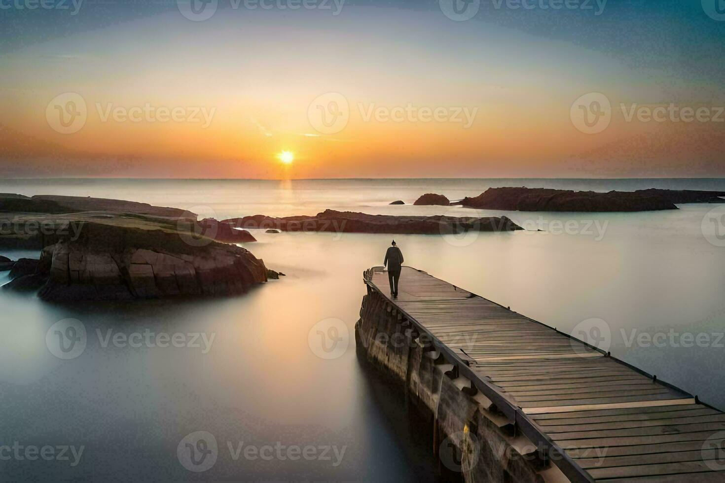 uma homem em pé em uma cais olhando às a Sol configuração sobre a oceano. gerado por IA foto