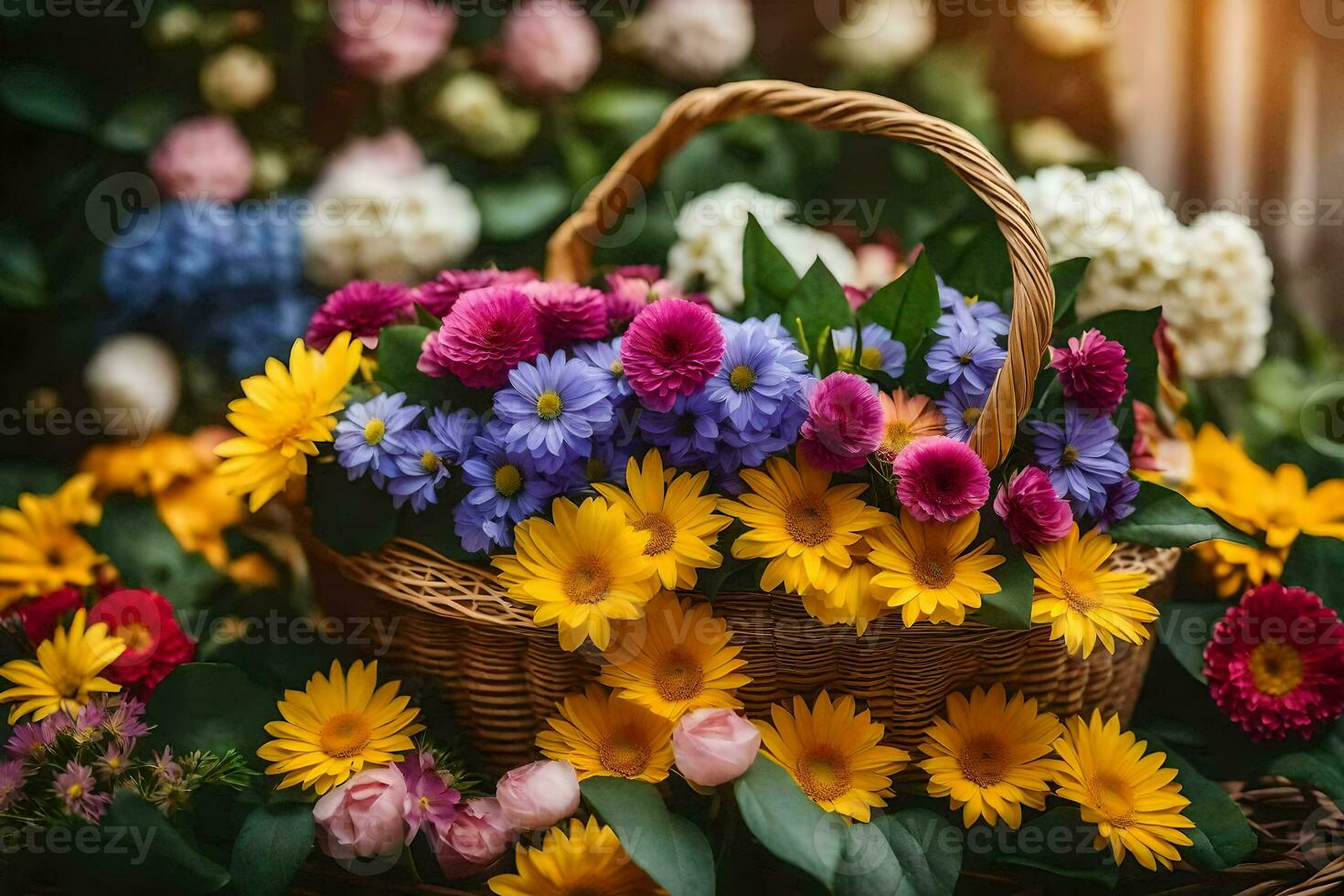 uma cesta cheio do colorida flores em uma mesa. gerado por IA foto