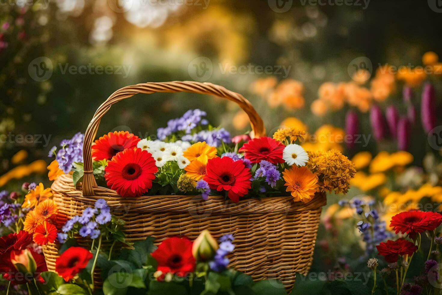 uma cesta cheio do colorida flores é sentado em a grama. gerado por IA foto