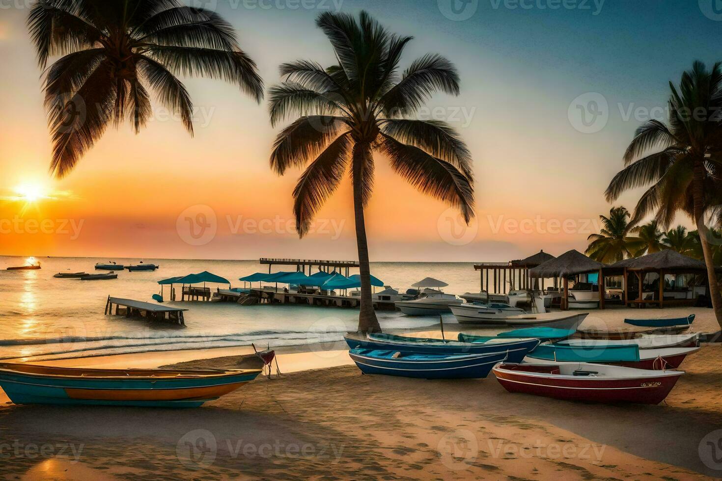barcos em a de praia às pôr do sol com Palma árvores gerado por IA foto