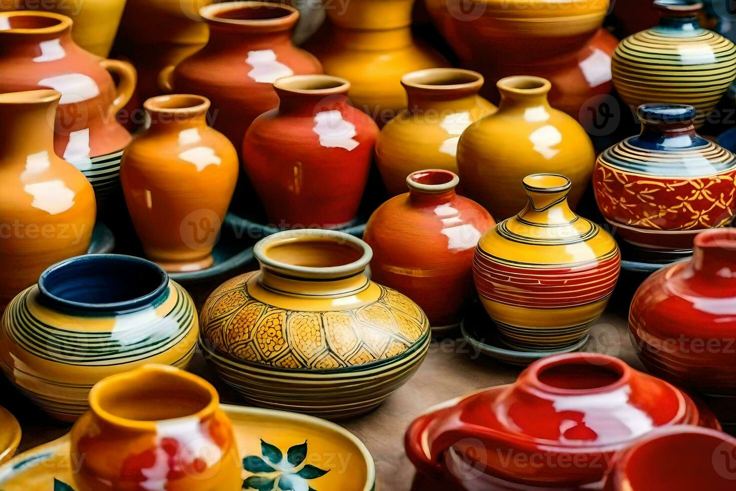 muitos colorida cerâmica vasos estão exibido em uma mesa. gerado por IA foto