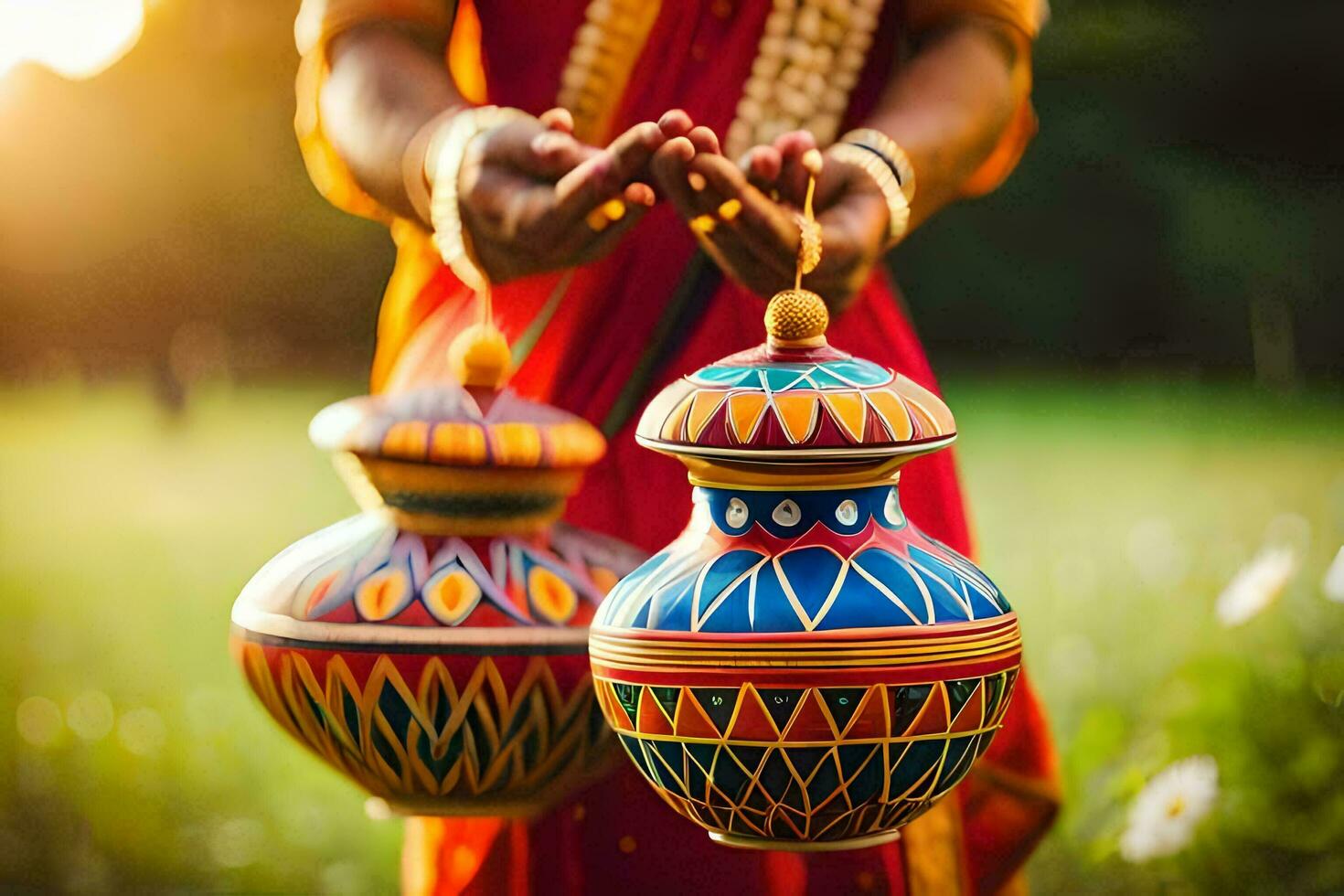 uma mulher segurando dois colorida panelas dentro dela mãos. gerado por IA foto