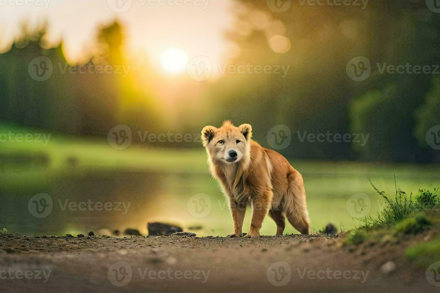 uma cachorro em pé em a lado do uma estrada perto uma lago. gerado por IA foto