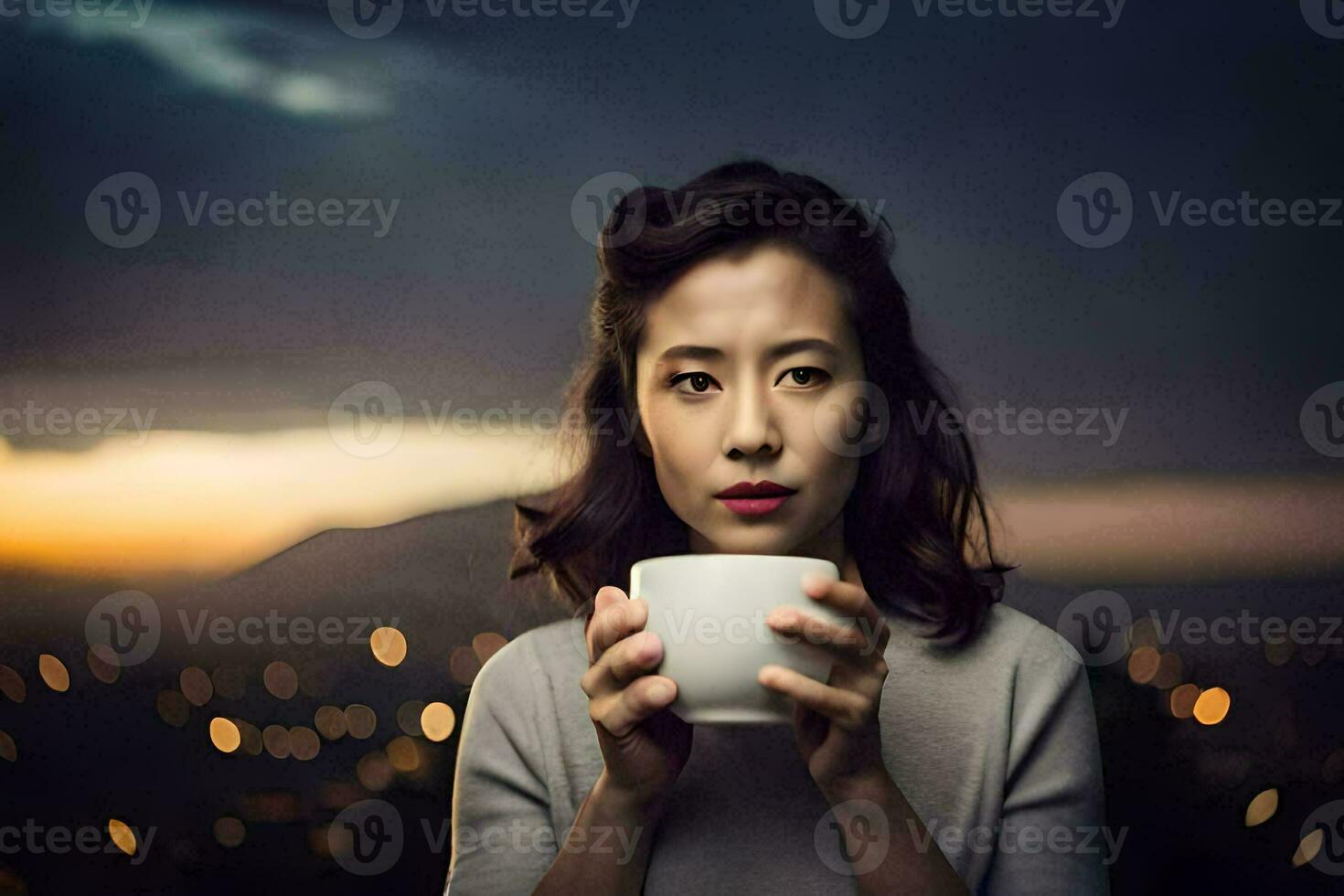 uma mulher segurando uma copo do café dentro frente do uma cidade Horizonte. gerado por IA foto