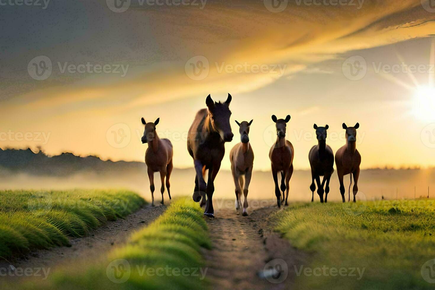 cavalos corrida dentro a campo às pôr do sol. gerado por IA foto