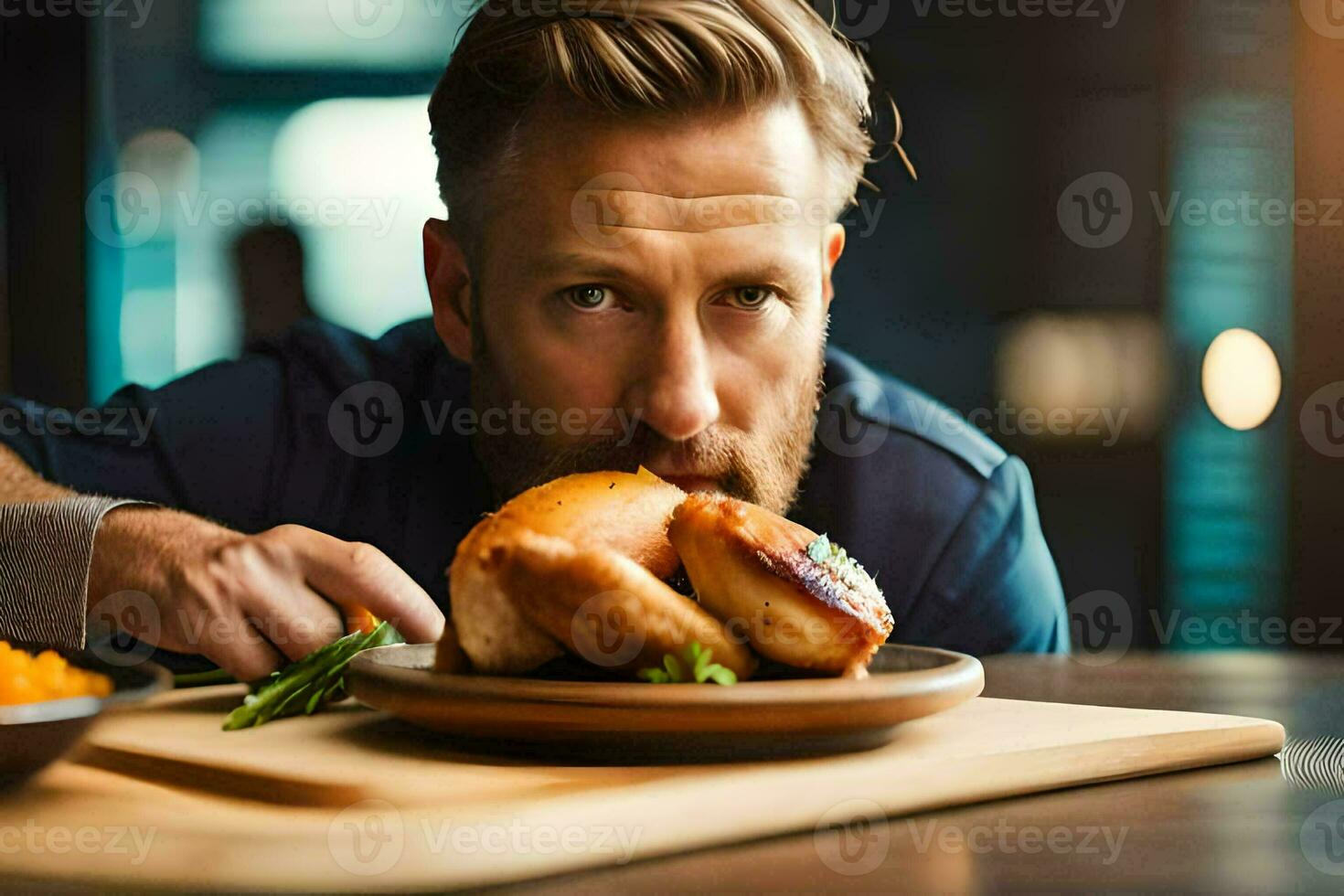 uma homem é comendo uma frango em uma placa. gerado por IA foto