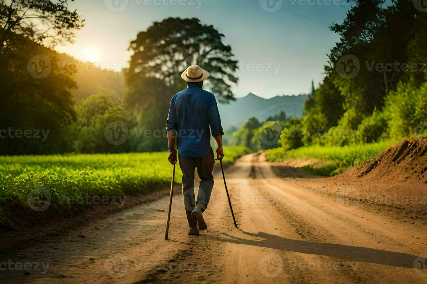 uma homem com uma chapéu e bengala caminhando baixa uma sujeira estrada. gerado por IA foto