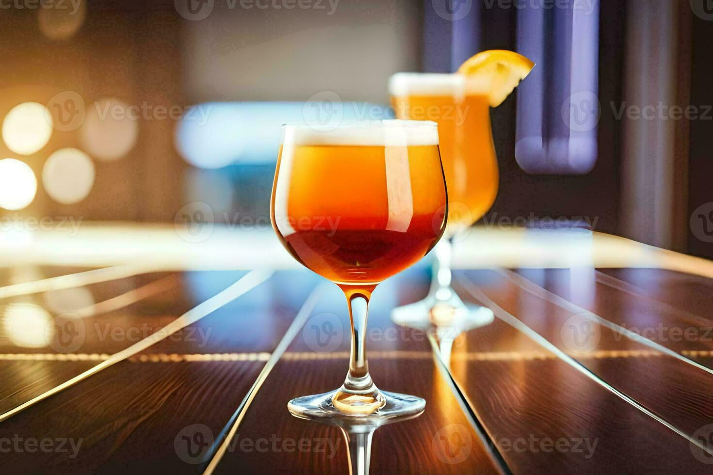 dois óculos do Cerveja em uma de madeira mesa. gerado por IA foto