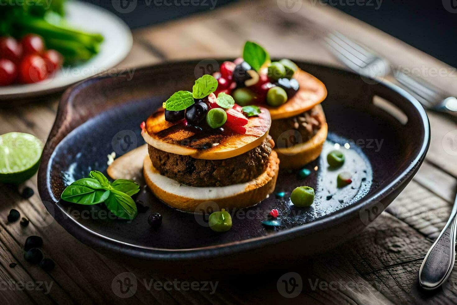 uma prato com dois hambúrgueres e legumes. gerado por IA foto
