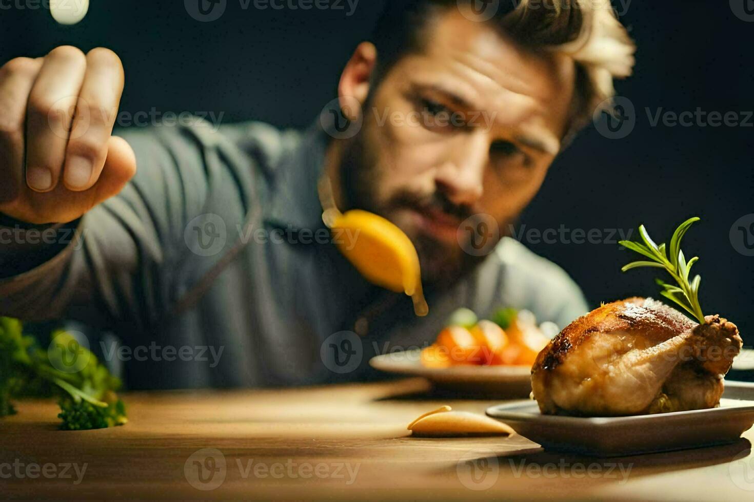 uma homem é comendo uma frango em uma placa. gerado por IA foto