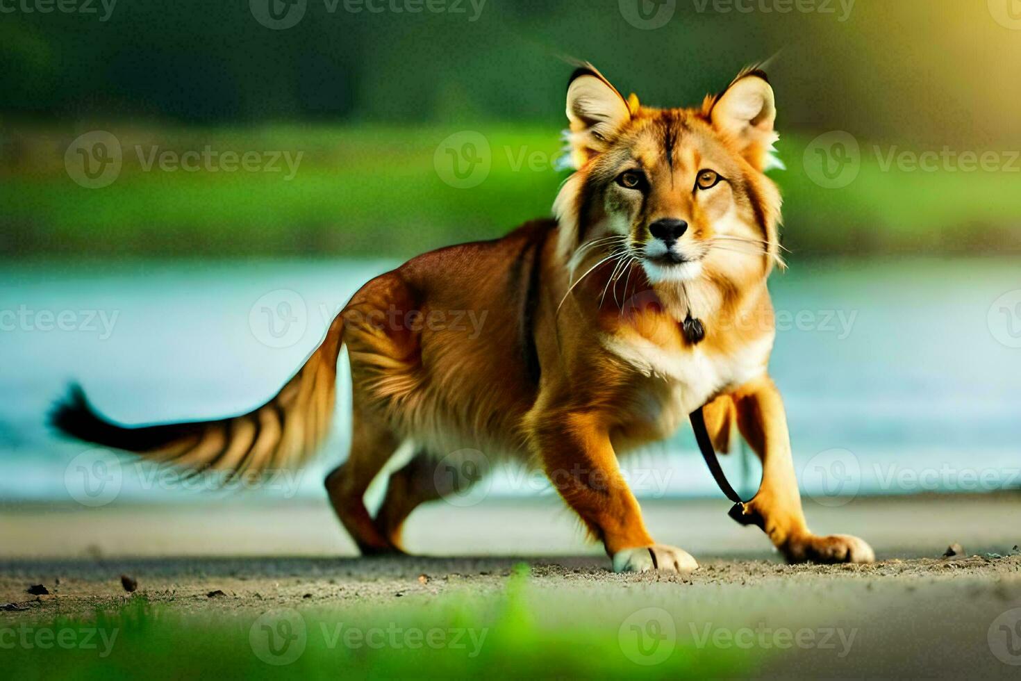 uma cachorro caminhando em a de praia perto uma rio. gerado por IA foto