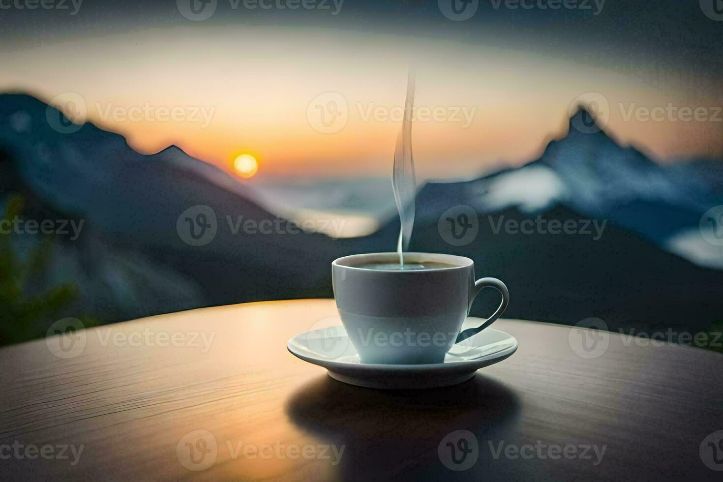café, a sol, montanhas, nascer do sol, a montanhas, a montanhas, a montanhas,. gerado por IA foto