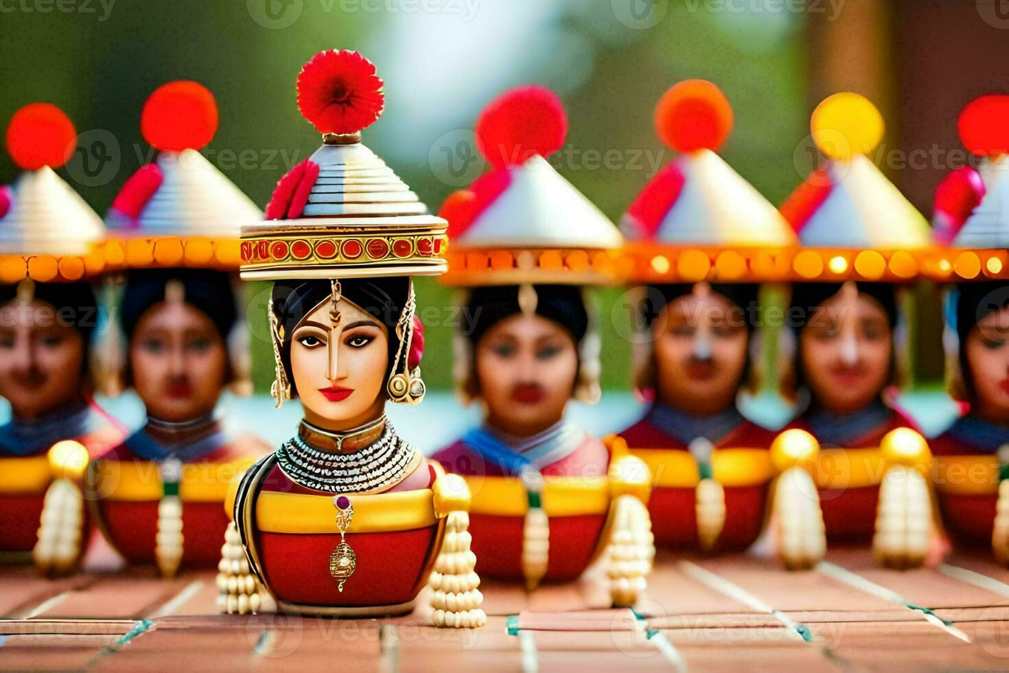 indiano bonecas estão arranjado dentro uma linha. gerado por IA foto