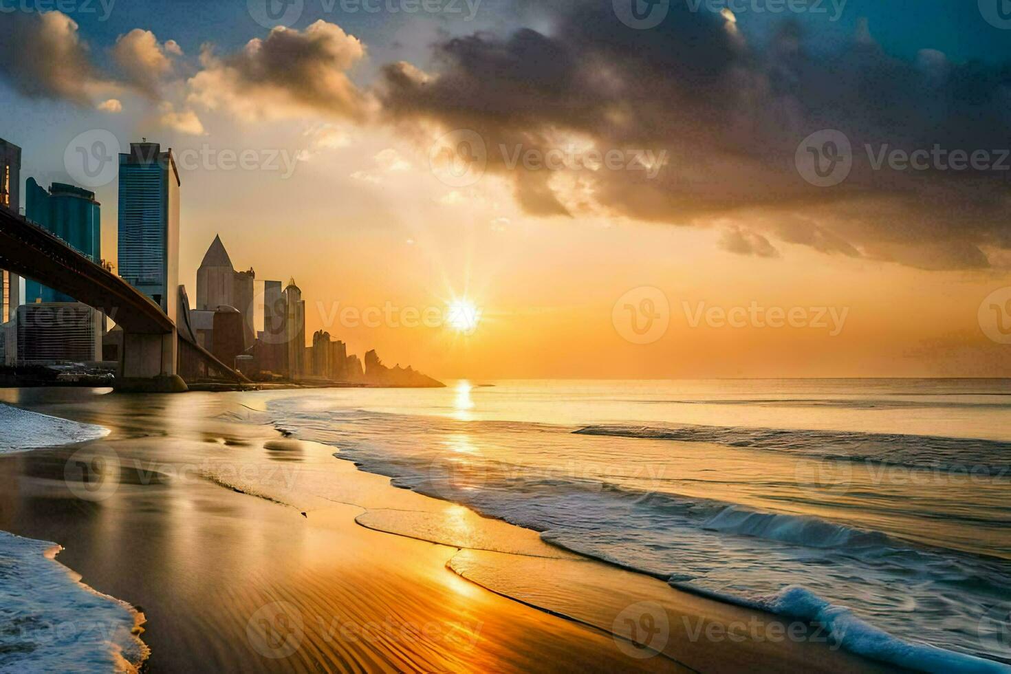 a Sol conjuntos sobre uma de praia e cidade Horizonte. gerado por IA foto