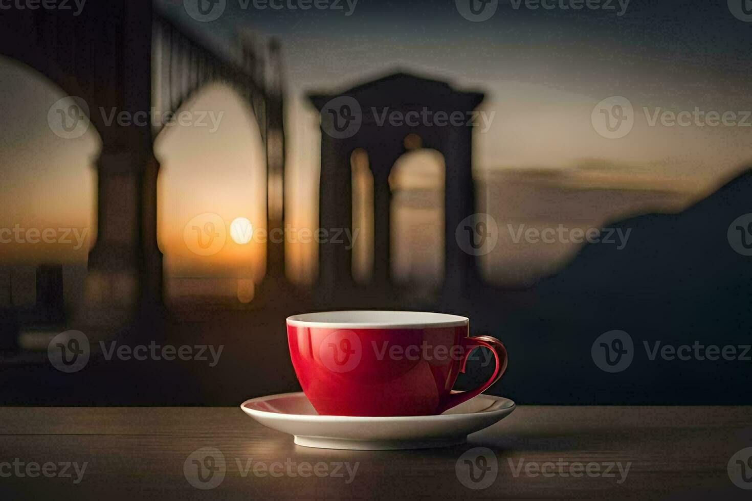 uma vermelho copo senta em uma mesa com uma ponte dentro a fundo. gerado por IA foto