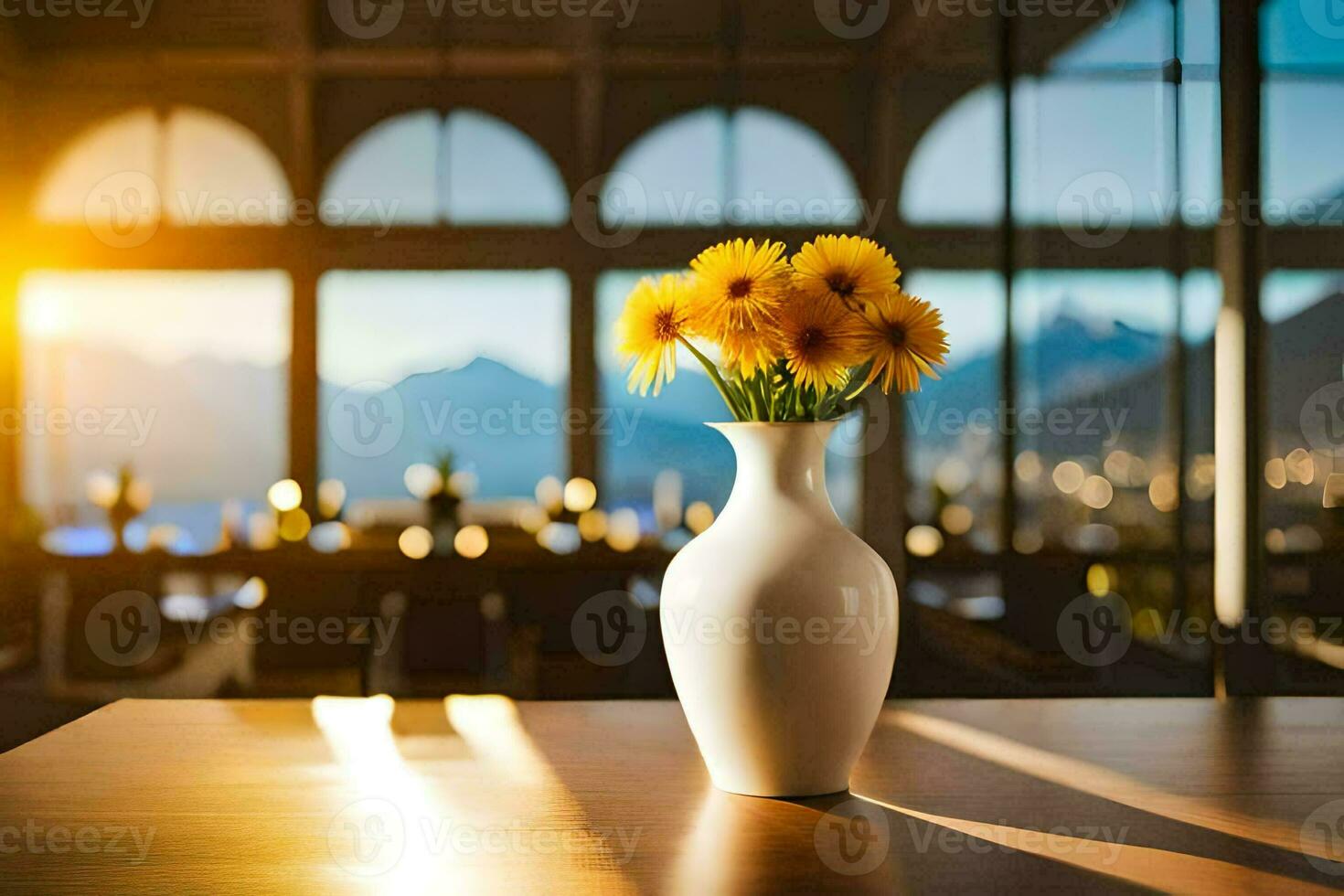 uma vaso com flores em uma mesa dentro frente do uma janela. gerado por IA foto