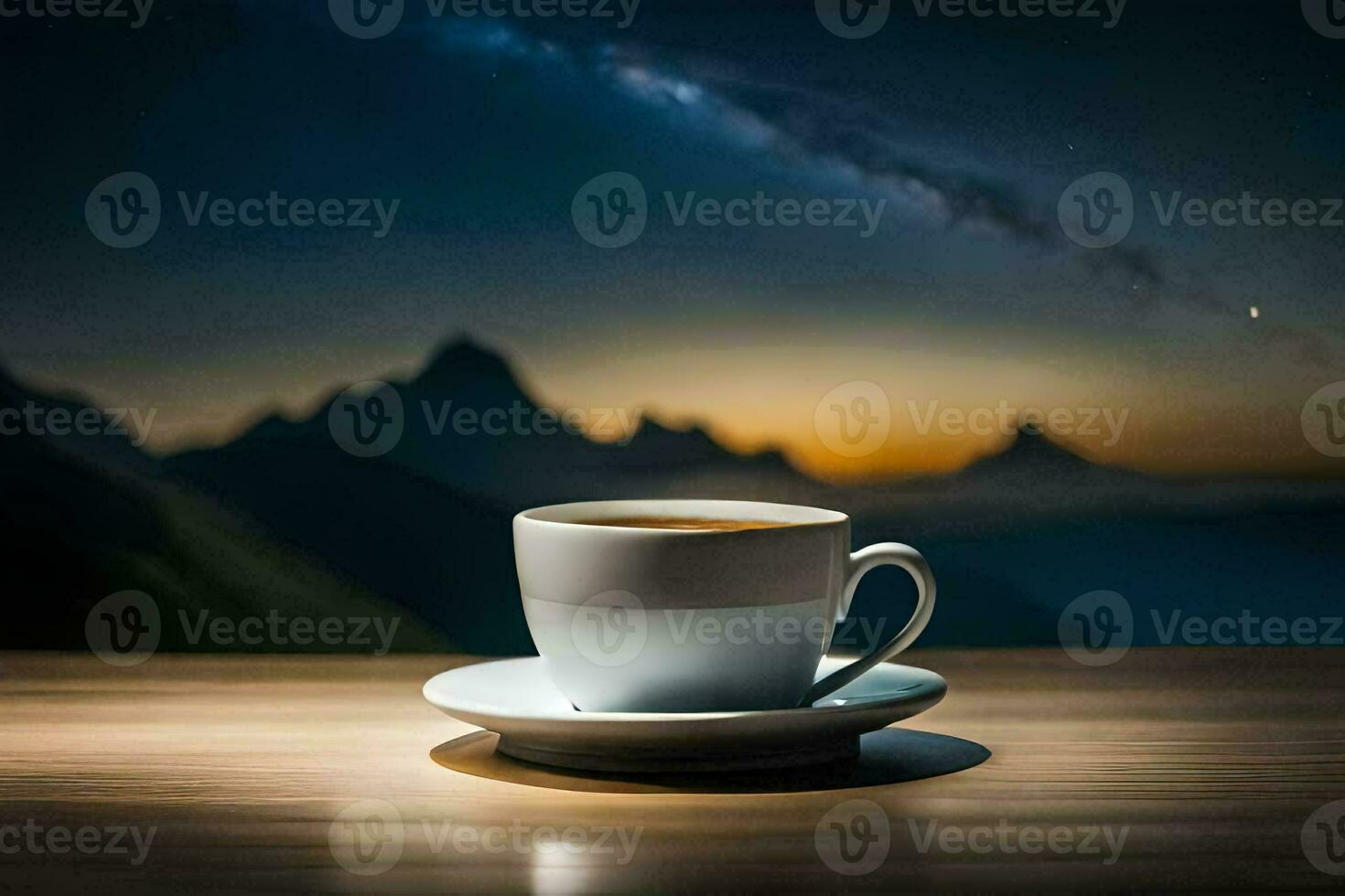 uma copo do café em uma mesa dentro frente do uma montanha faixa. gerado por IA foto