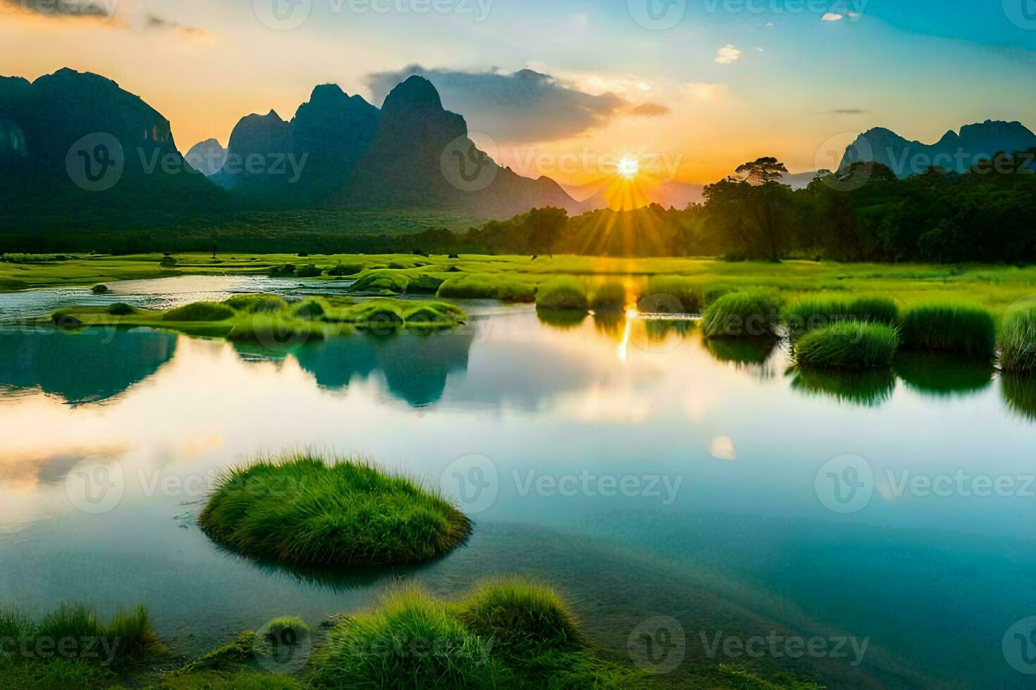 a Sol sobe sobre a montanhas e a rio. gerado por IA foto