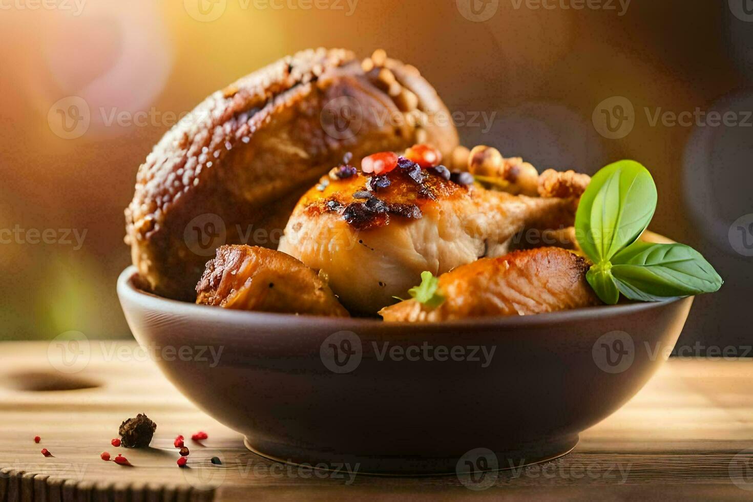 uma tigela do frango e legumes em uma de madeira mesa. gerado por IA foto