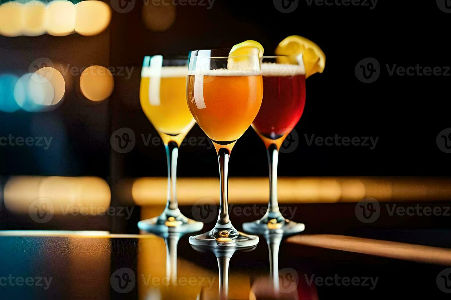 três óculos do diferente colori bebidas em uma bar. gerado por IA foto