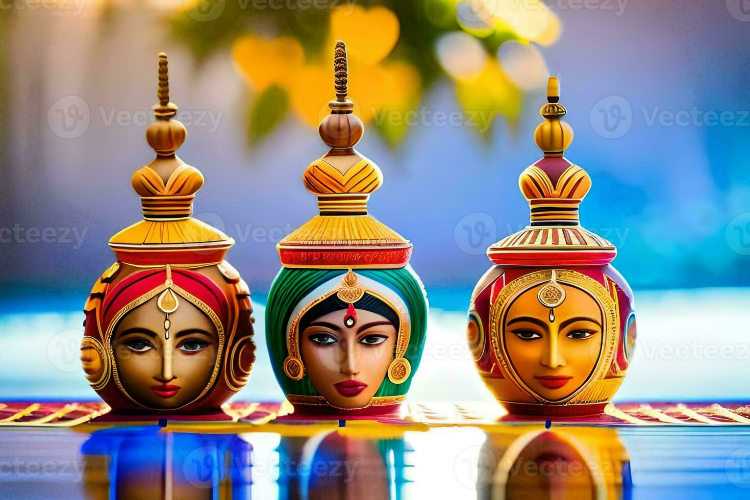 três colorida vasos com rostos em eles. gerado por IA foto