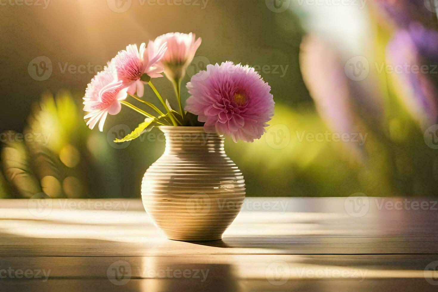 Rosa flores dentro uma vaso em uma mesa. gerado por IA foto