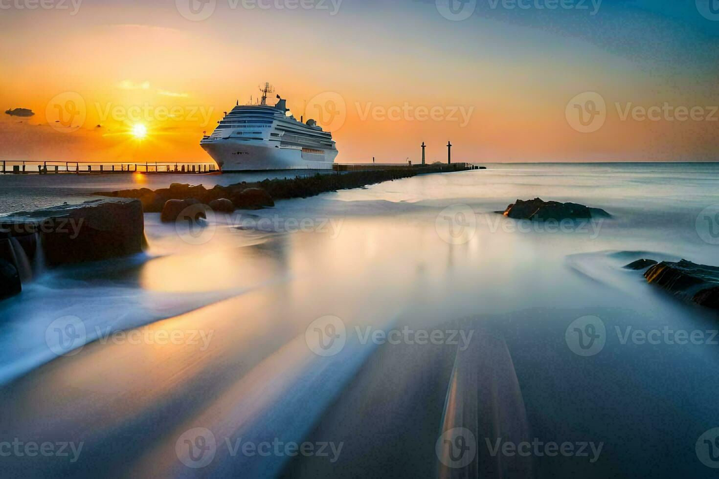 uma cruzeiro navio ancorado às a cais às pôr do sol. gerado por IA foto