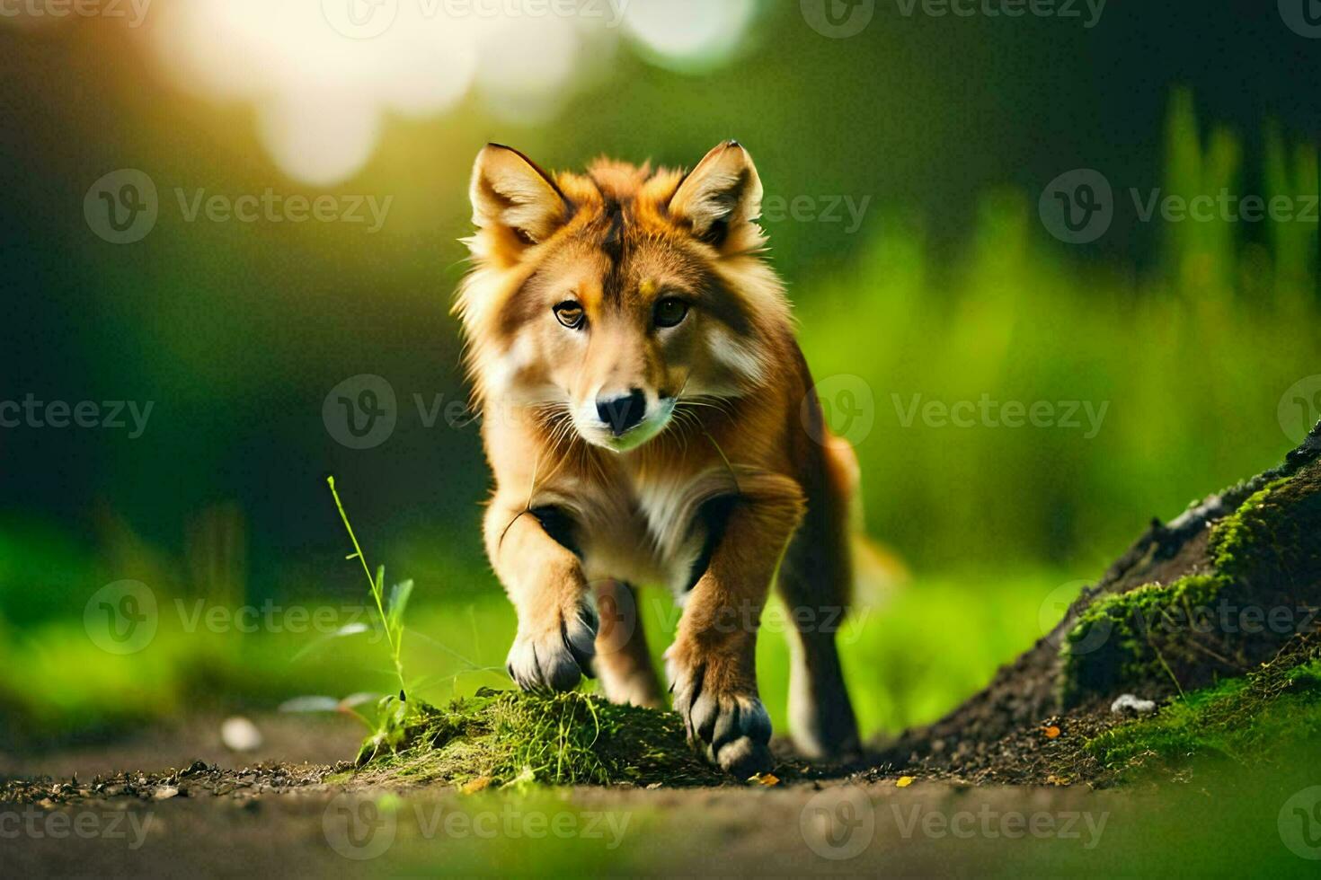 uma Lobo é caminhando em a terra dentro a floresta. gerado por IA foto