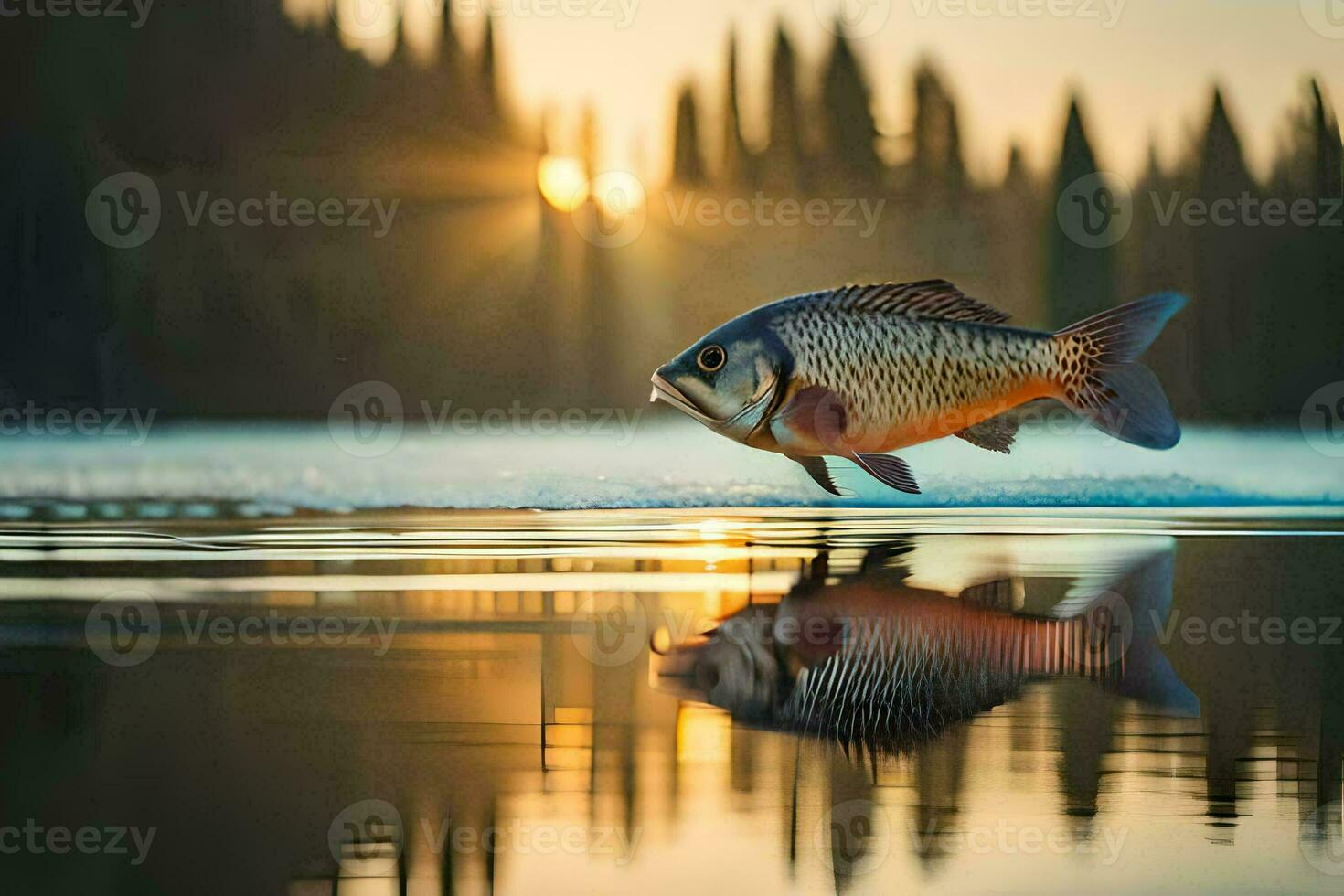 uma peixe é pulando Fora do a água às pôr do sol. gerado por IA foto