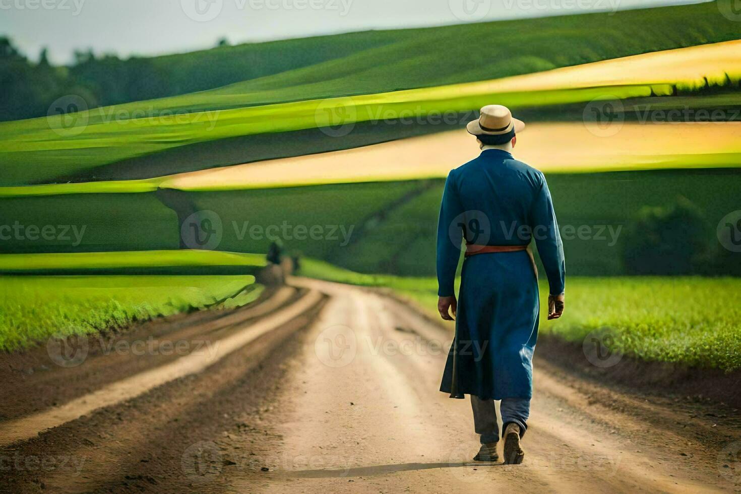 uma homem dentro uma azul casaco e chapéu caminhando baixa uma sujeira estrada. gerado por IA foto