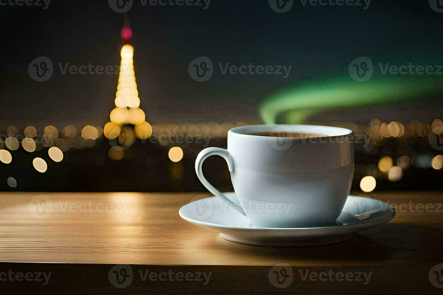 uma copo do café com a eiffel torre dentro a fundo. gerado por IA foto