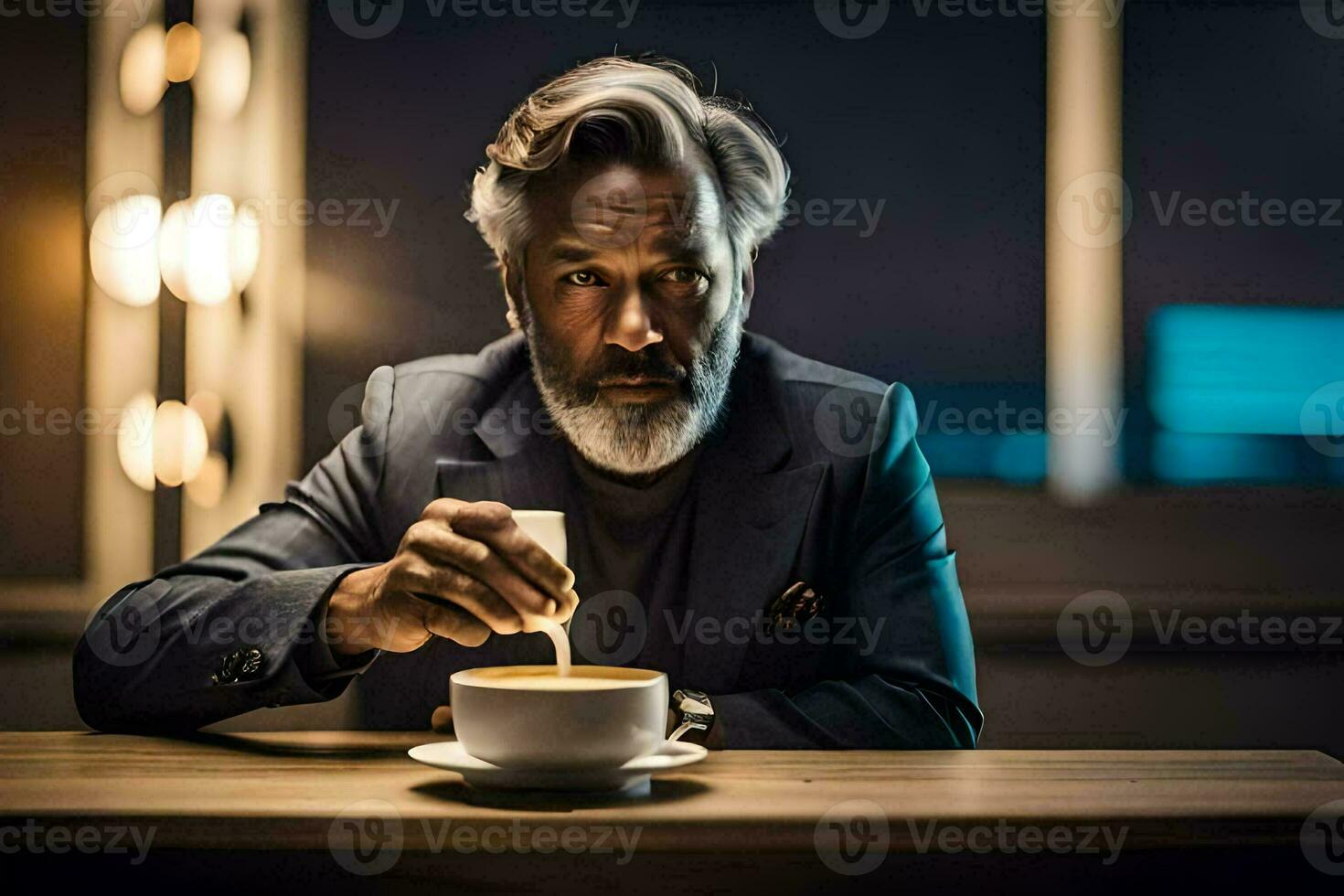 uma homem com uma barba e terno sentado às uma mesa com uma copo do café. gerado por IA foto