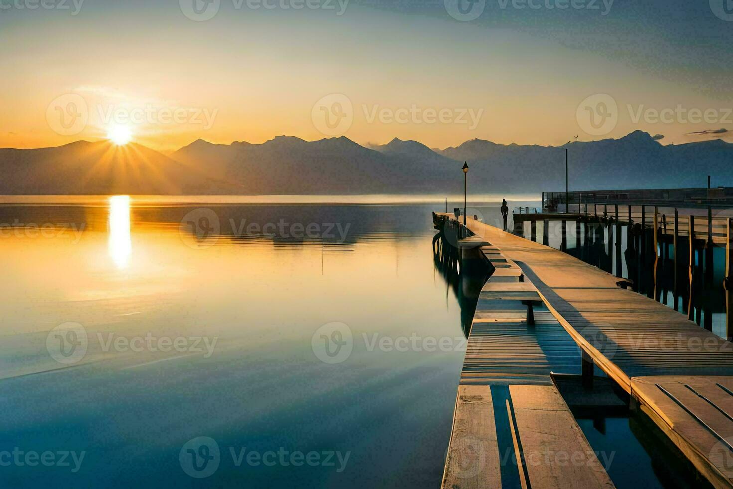 uma cais às pôr do sol com montanhas dentro a fundo. gerado por IA foto