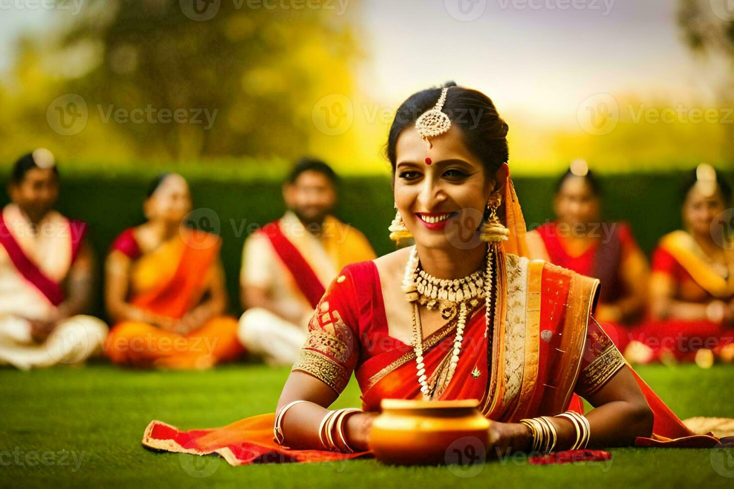 uma mulher dentro tradicional indiano vestuário senta em a Relva com dela família. gerado por IA foto