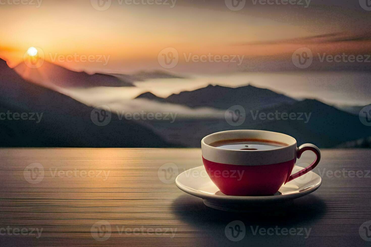 café copo em a mesa com montanhas dentro a fundo. gerado por IA foto