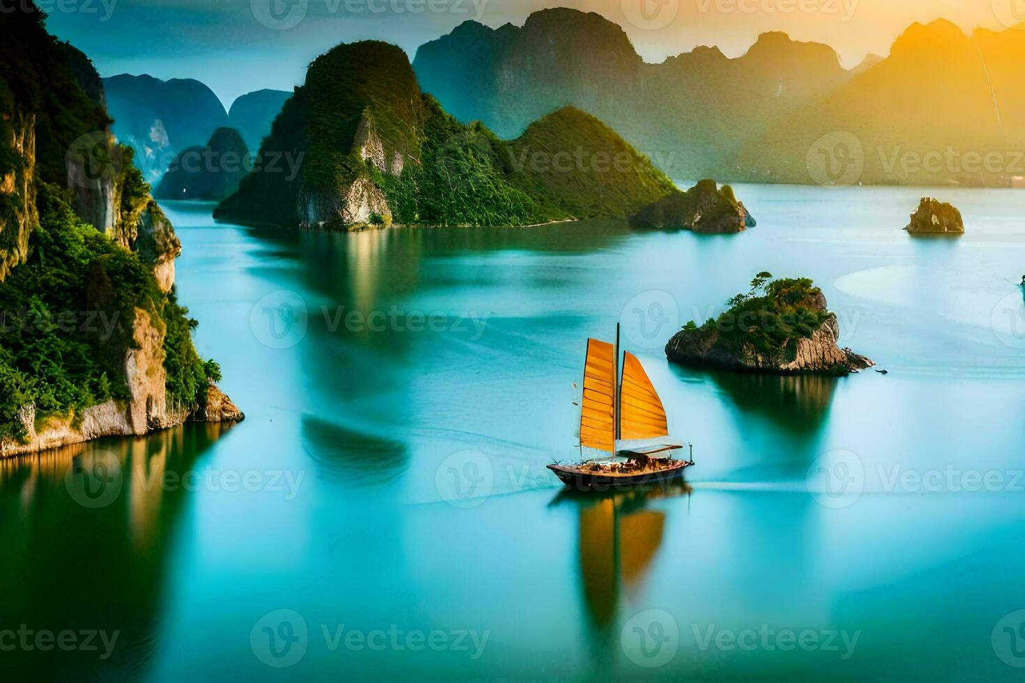 uma barco velas através a água perto montanhas. gerado por IA foto