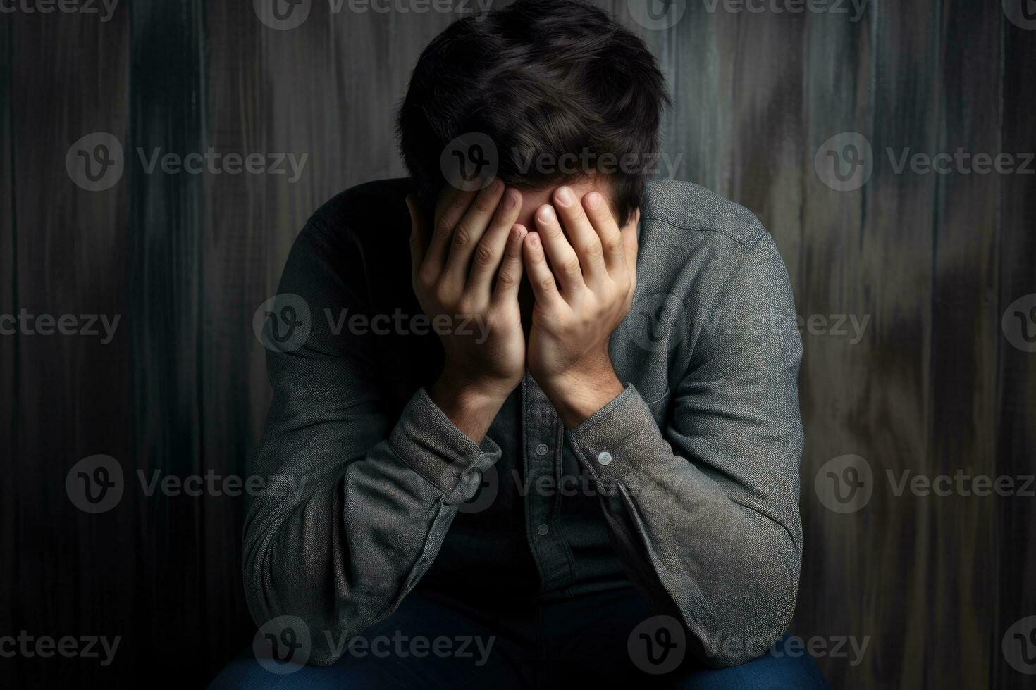 depressivo homem sentado em a chão escritório foto