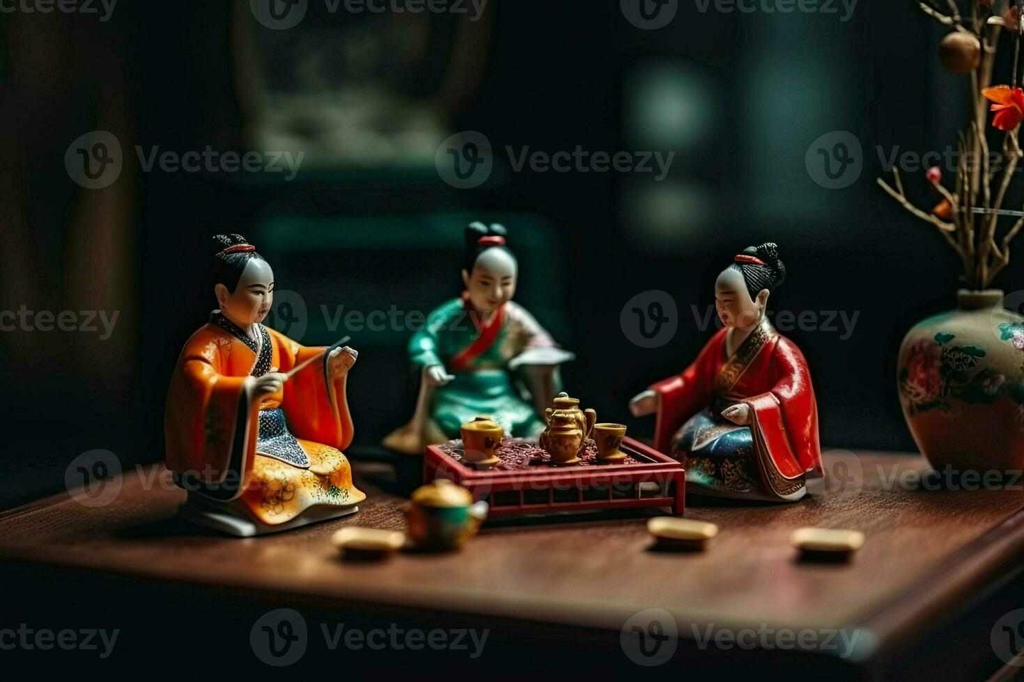 miniatura chá cerimônia. pequeno diorama do chinês pessoas dentro antigo tradicional roupas bebendo ervas chá. conceito do chá bebendo, budismo, criada com generativo ai tecnologia foto