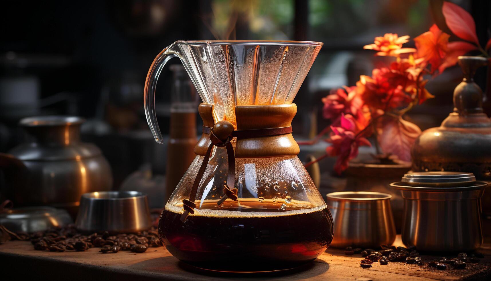 café fazer compras barista derrama quente beber para dentro uma rústico café copo gerado de ai foto