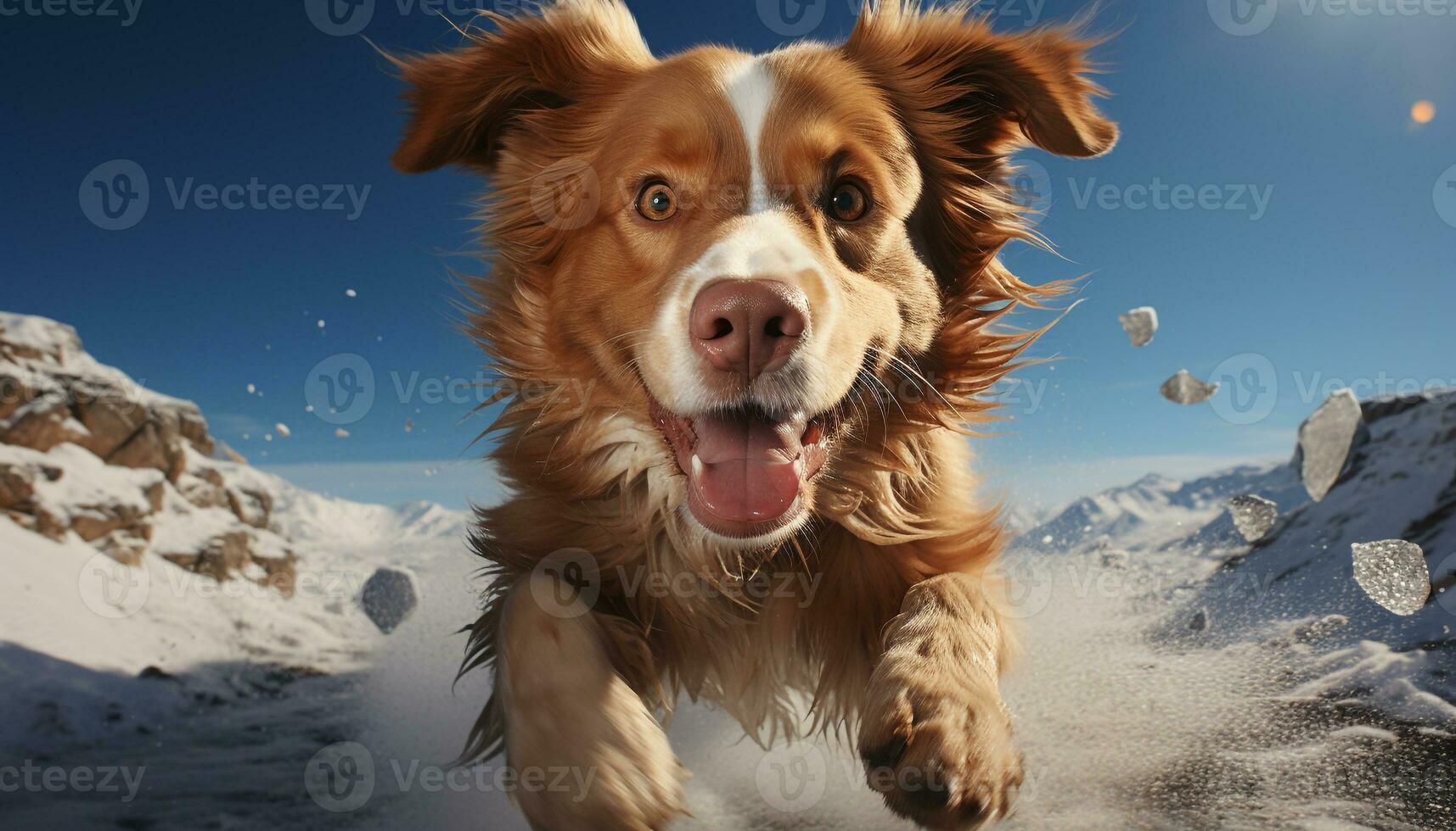 uma brincalhão cachorro saltos dentro a neve, sorridente debaixo luz solar gerado de ai foto